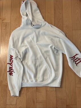 Shadow Hill White Hooded Sweatshirt with Red Sleeve Script